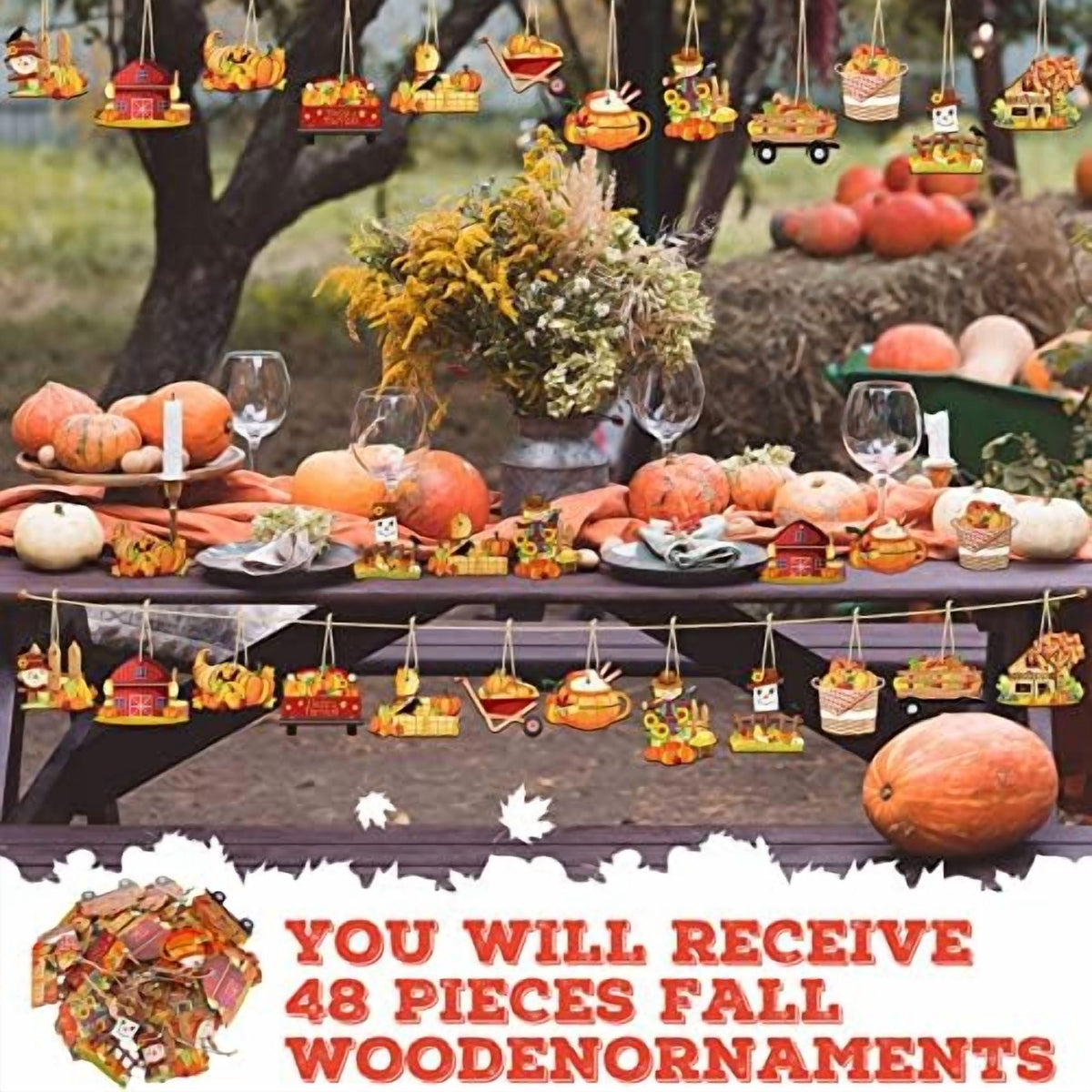 48 Piece Fall Wooden Tree Ornaments Pumpkin Scarecrow Thanksgiving Maple Leaf Decorations