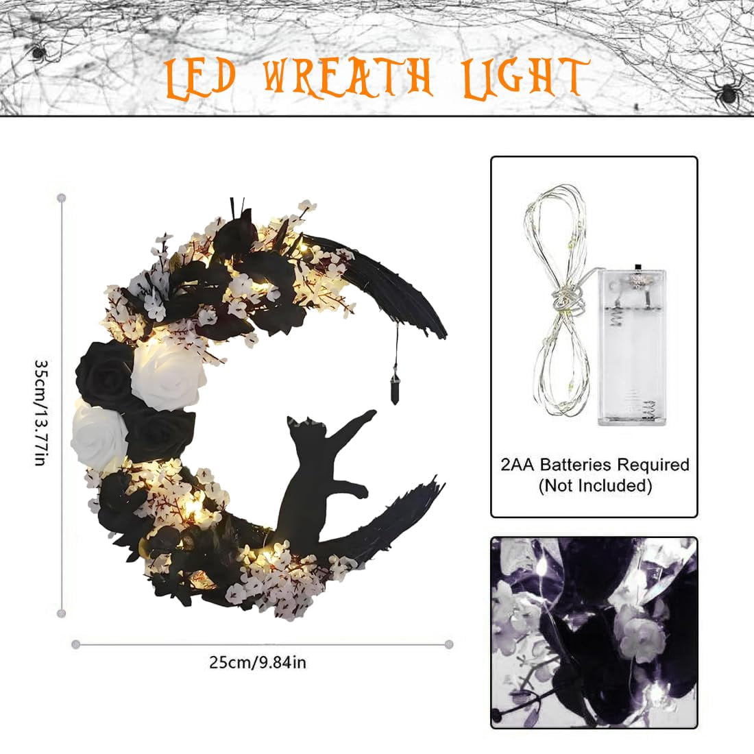 14" Halloween Wreath for Front Door Halloween Moon Cat Wreathr with Rose Floor for Home Decoration Cat Moon Hanging Wreath Decoration for Home Party Indoor Outdoor