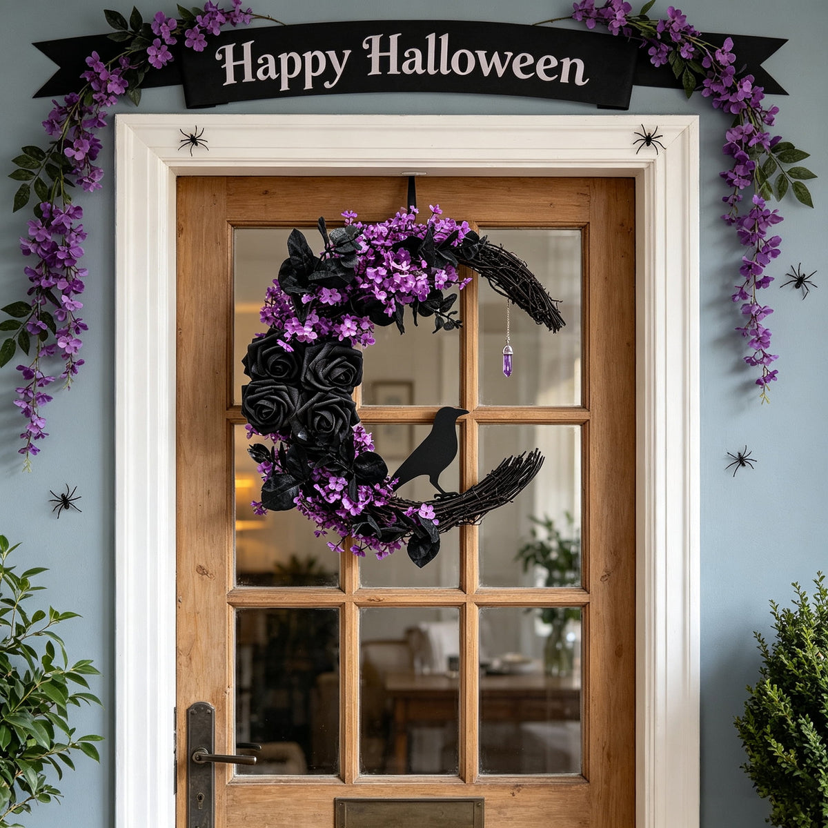 Halloween Black Cat Wreath, 14.9 in Purple and Black Crescent Wreath with Artificial Flowers and Crystal Pendant, Gothic Front Door Decor