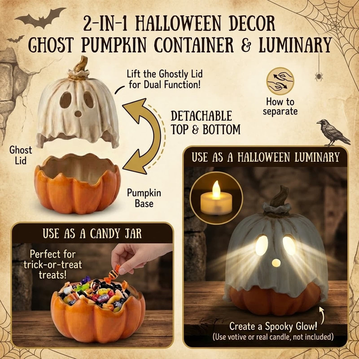 Clearance Detachable Pumpkin Ghost Candy Bowl, 11.8 Inch Halloween Pumpkin Container with Removable Ghost Mask Lid, Spooky Tabletop Decor for Halloween Party Supplies
