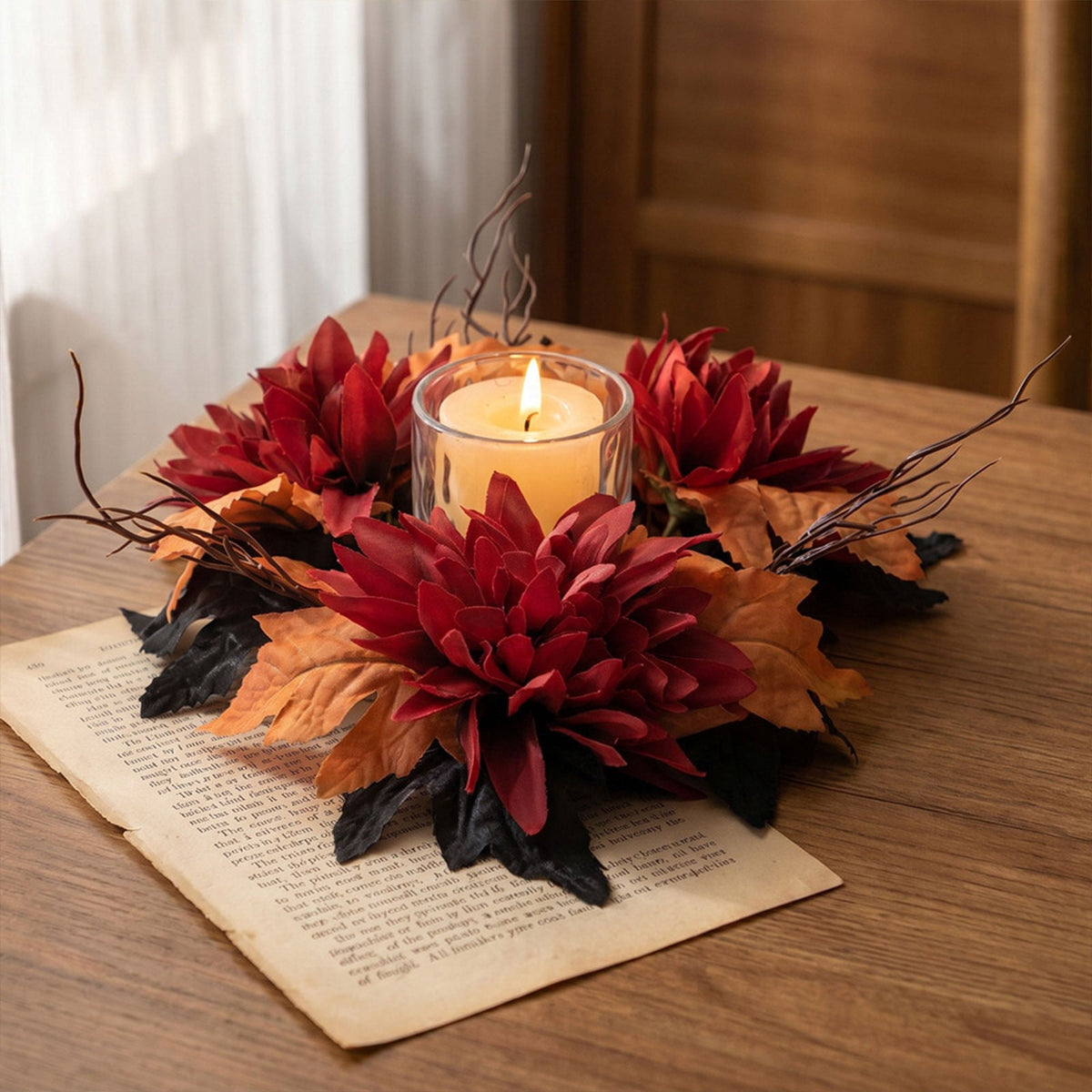Fall Candle Ring,Artificial Maple Leaves Pumpkins Decorative Wreaths,Berry Wreath for Pillar Candle Holder,Candle Ring for Halloween Centerpieces and Farmhouse Table Decor,7.48 inch(Pink)