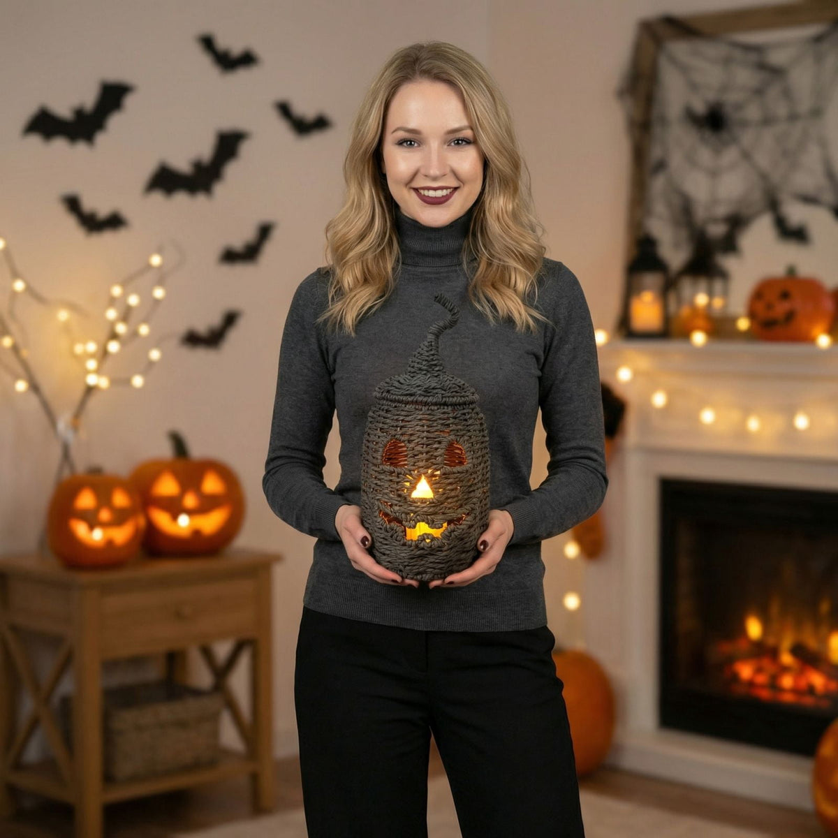 Aximioll Halloween Black Woven Jack-O-Lantern Pumpkin Decor, Hand Woven Rattan Wicker Style Statue, Trick or Treat Candy Bowl Lantern for Porch Entryway Fireplace Mantel Table, Black, 11 Inches