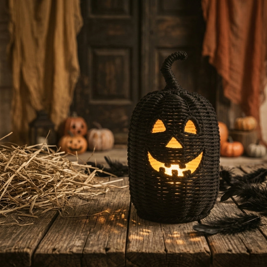 Dark Seagrass Pumpkin Halloween Decoration, 11.8" Handcrafted Woven Pumpkin Jack-o'-lantern, Halloween Decorative Lantern for Indoor Home Party