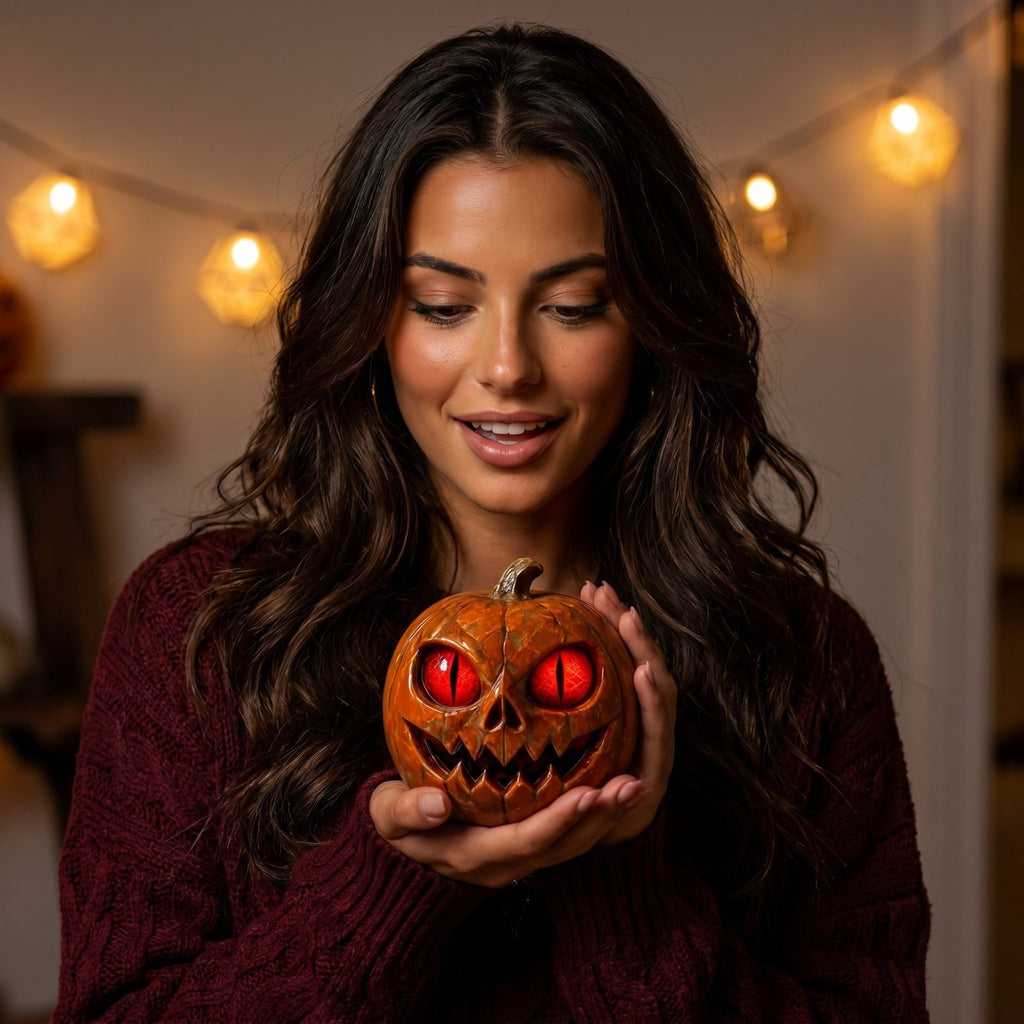 Halloween Scary Jack O Lantern Pumpkin Statue with Color Changing LED Eyes Spooky Tabletop Yard Decor Prop
