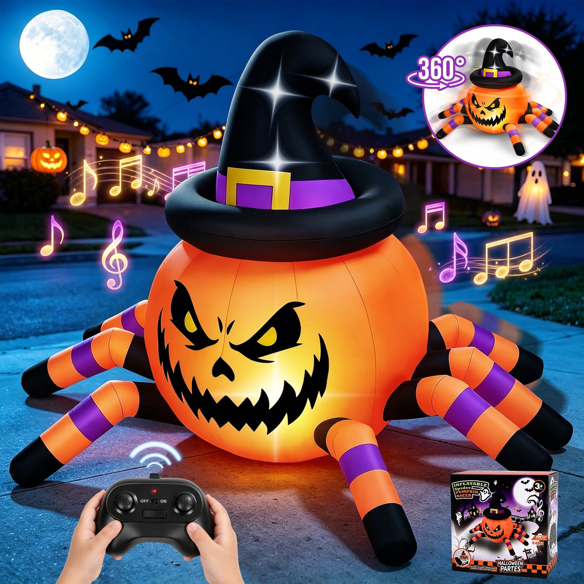 Firstness 2.4GHz Remote Control Car Halloween Inflatable Pumpkin Spider Blow ups Rc Car 360° Rotation, 3 Music and LED Lights,Aged 3+