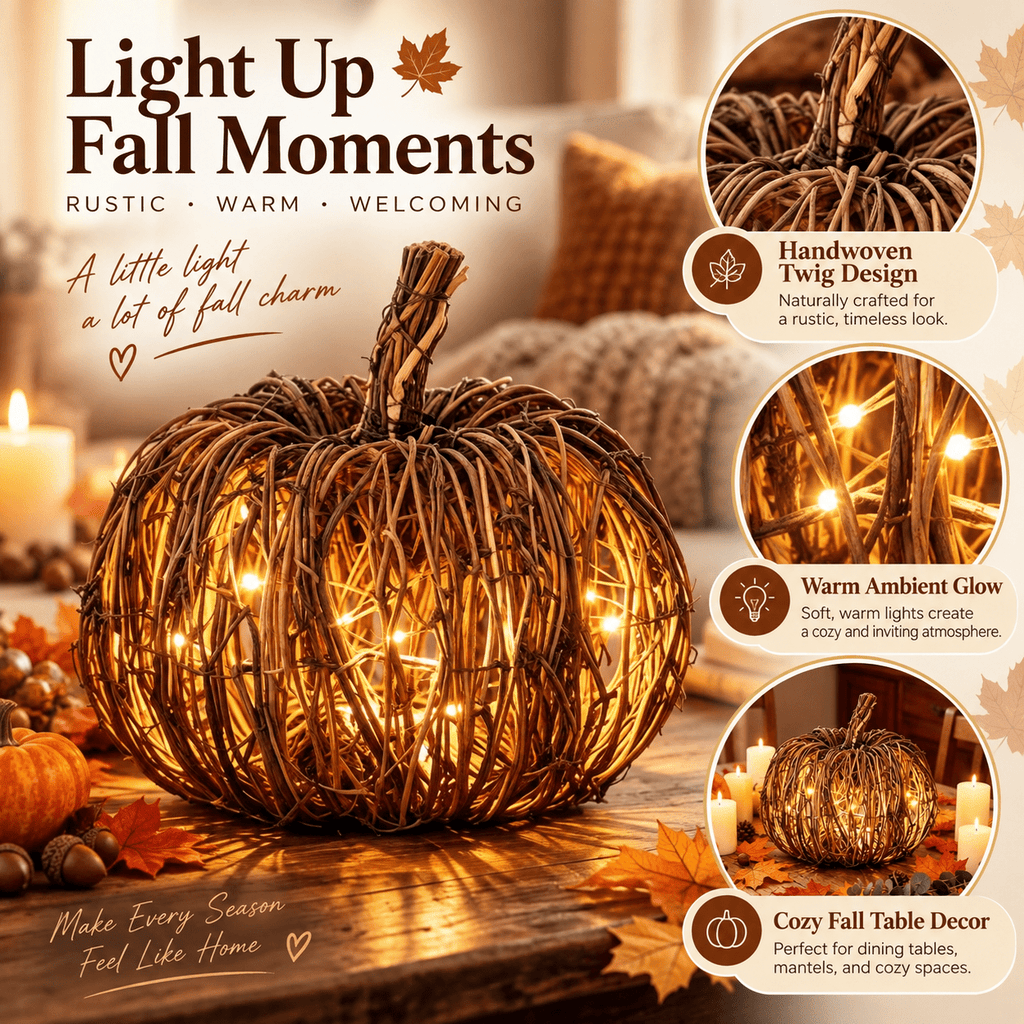 Kuokaa Lighted Fall Rattan Wicker Pumpkin Table Decor with Warm LED Glow, Woven Halloween Tabletop Decoration for Mantel, Entryway and Window Display