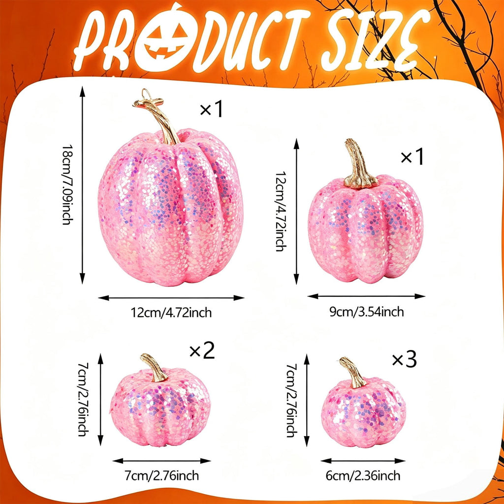 FXMLRLK Pink Velvet Pumpkins Fall Decor, 7PCS Artificial Glitter Pumpkins for Halloween Thanksgiving Day Home Centerpieces for Tables Seasonal Holiday Decor
