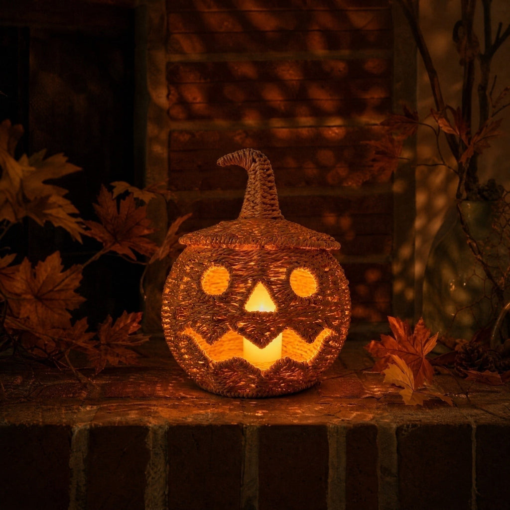 Aximioll Halloween Black Woven Jack-O-Lantern Pumpkin Decor, Hand Woven Rattan Wicker Style Statue, Trick or Treat Candy Bowl Lantern for Porch Entryway Fireplace Mantel Table, Black, 11 Inches