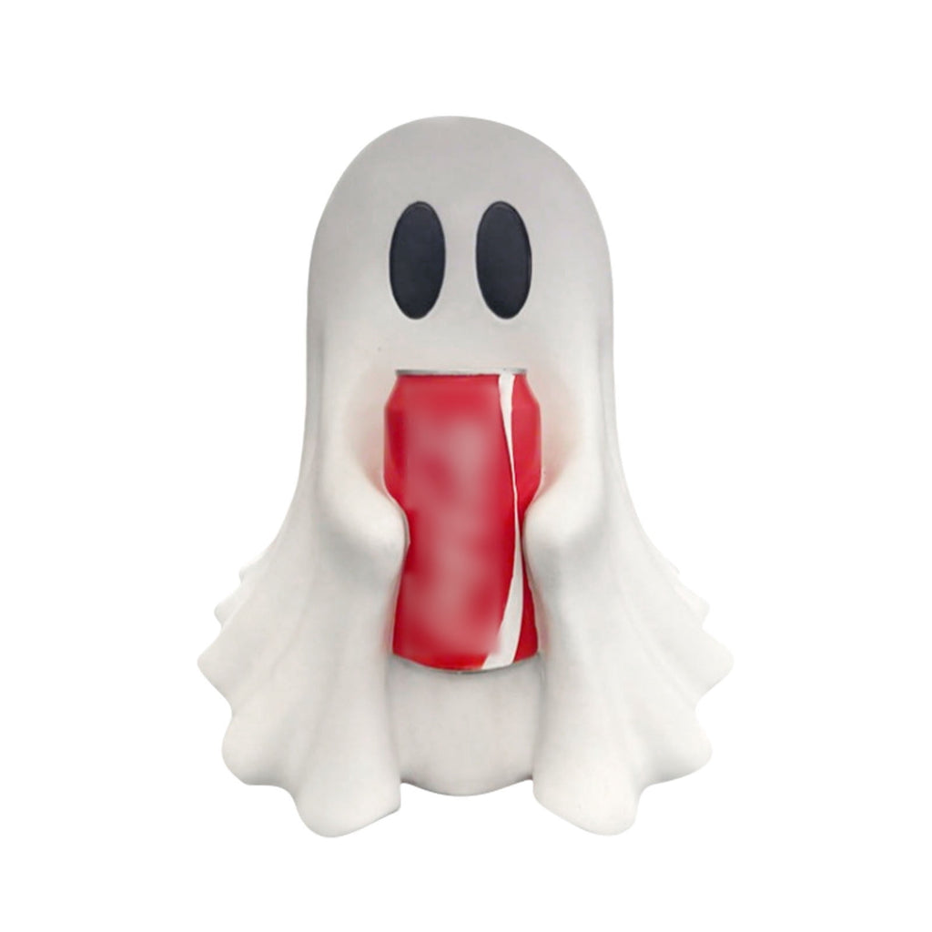 Halloween Ghost Figurine, Resin Lighted Ghost Ornament with Pumpkin Lantern & Beverage Cup, Tabletop Halloween Indoor Decor