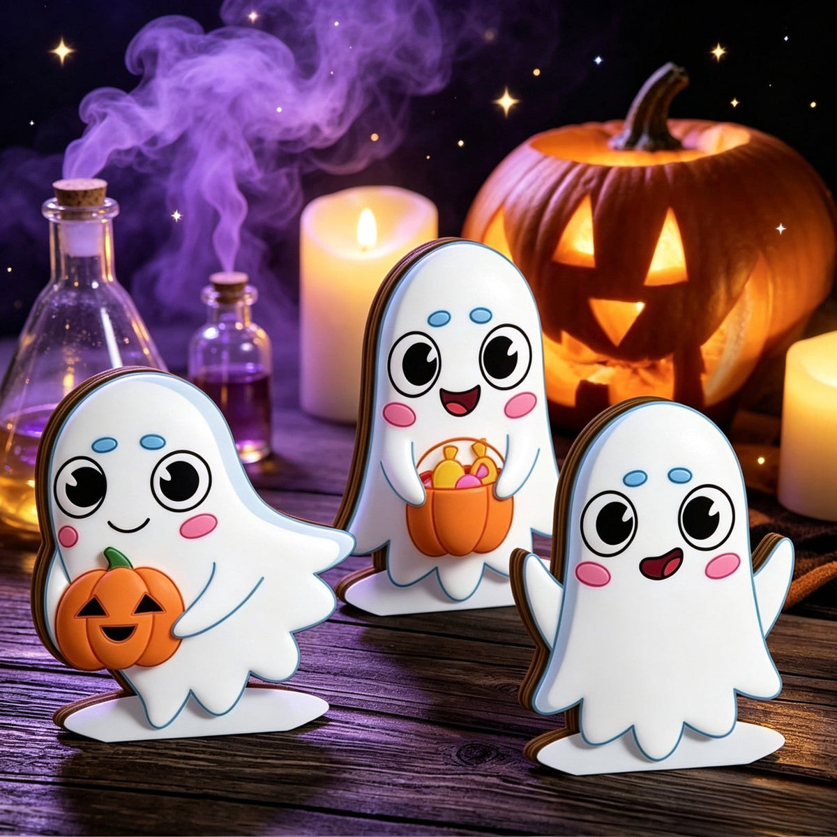 Halloween Ghost Figurine, Resin Lighted Ghost Ornament with Pumpkin Lantern & Beverage Cup, Tabletop Halloween Indoor Decor