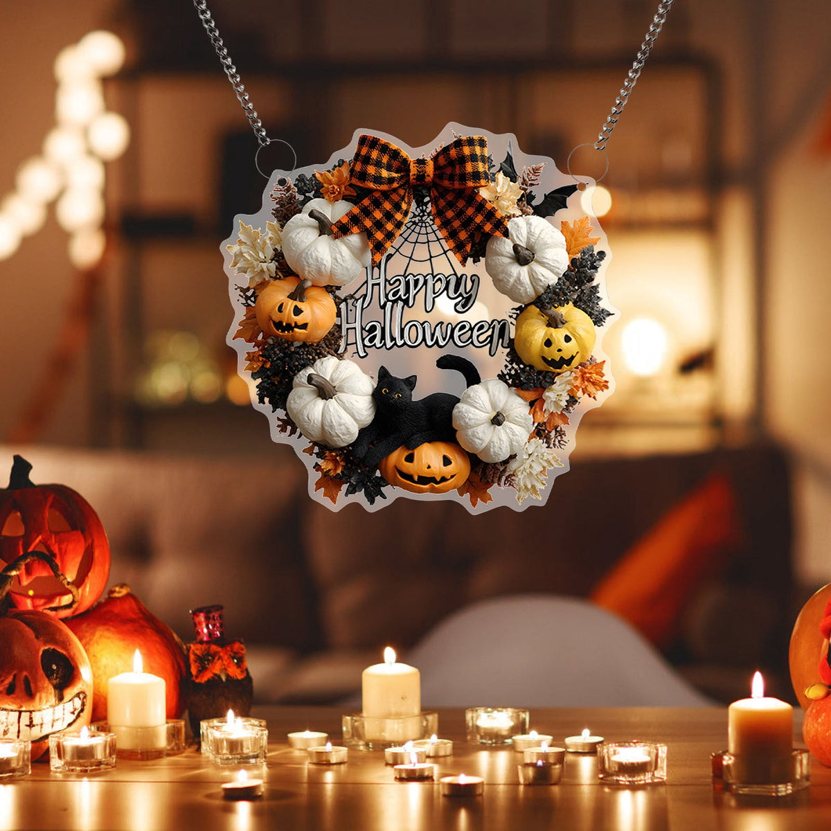 Halloween Fall 2D Pendant,2026 Front Door Pumpkin Skull Wreath,Maple Leaves Decorations Outdoor Indoor for Table Centerpiece Thanksgiving,Colorful Acrylic Round Disk Hanging Ornament,Window