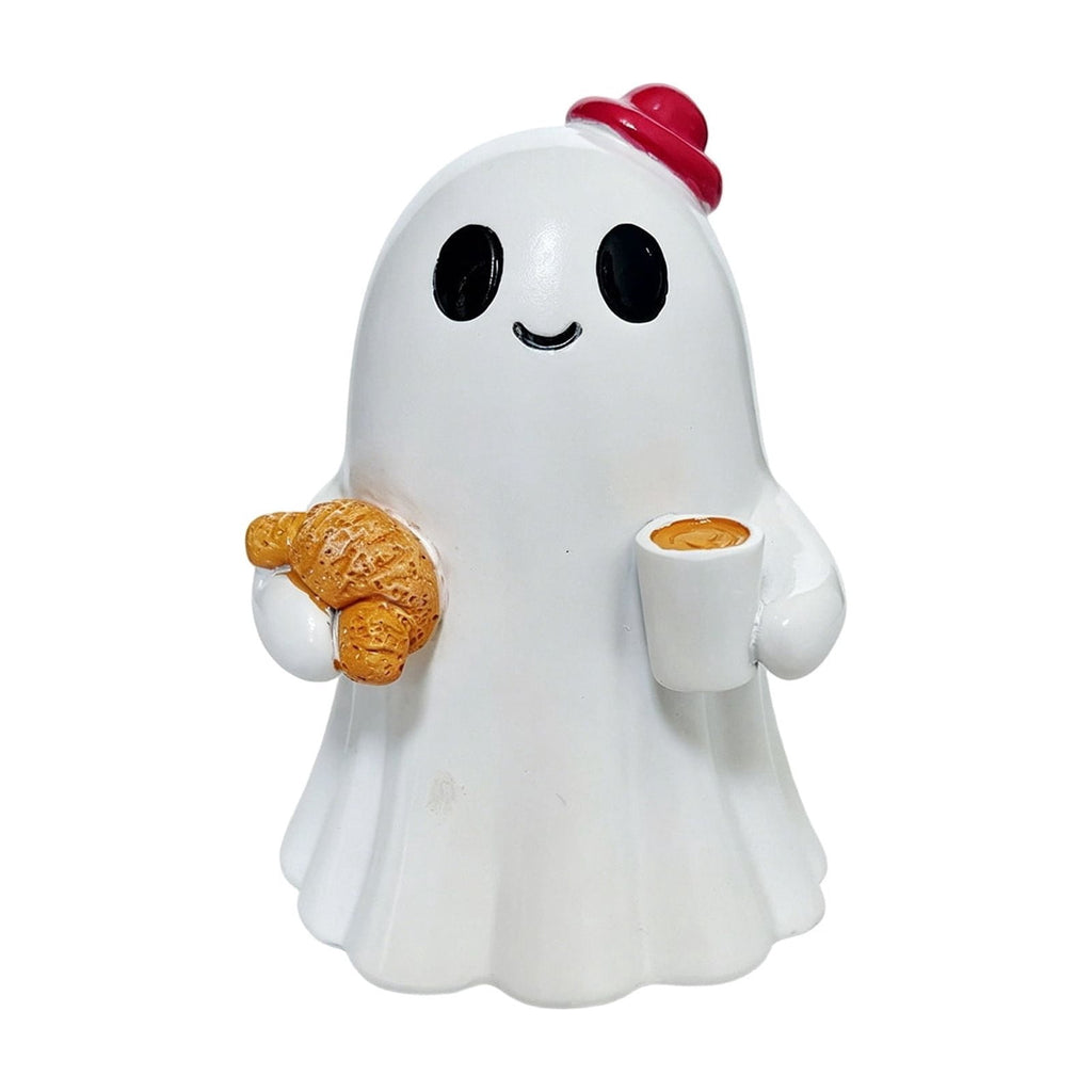Halloween Ghost Figurine, Resin Lighted Ghost Ornament with Pumpkin Lantern & Beverage Cup, Tabletop Halloween Indoor Decor