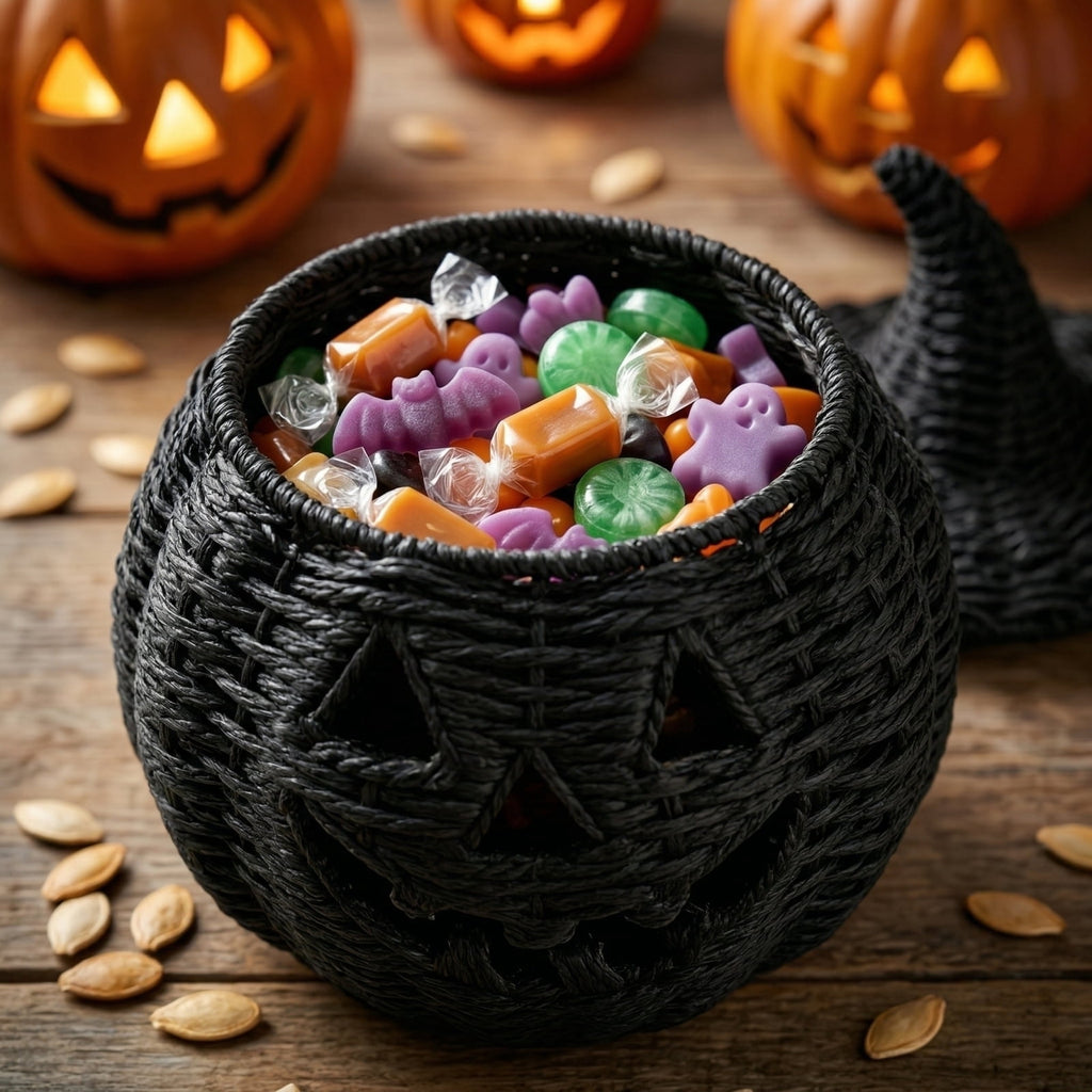 Halloween Woven Seagrass Pumpkin for Spooky Halloween Candy Storage and Home Decor, Black Handcrafted Witch Hat Woven Seagrass Lantern for LED Candy（B）