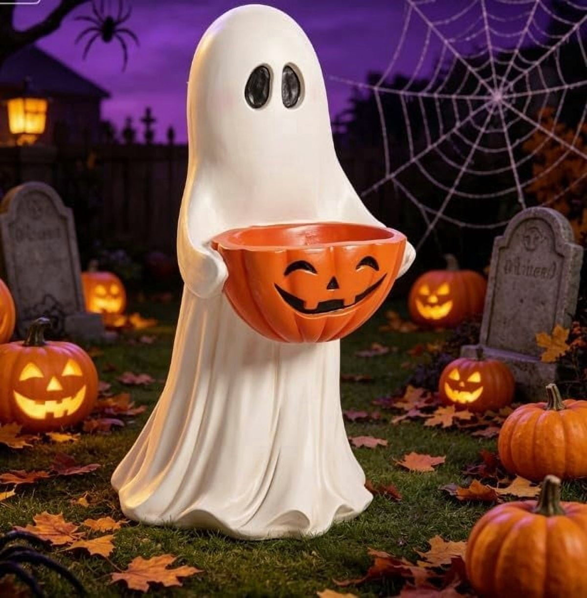 Halloween Ghost Candy Bowl Statue, 13.7" Resin Ghost Figurine Holding Pumpkin Candy Bowl, Outdoor Halloween Decorations for Front Porch, Indoor Yard Lawn Entryway Decor, Trick or Treat Candy Holder