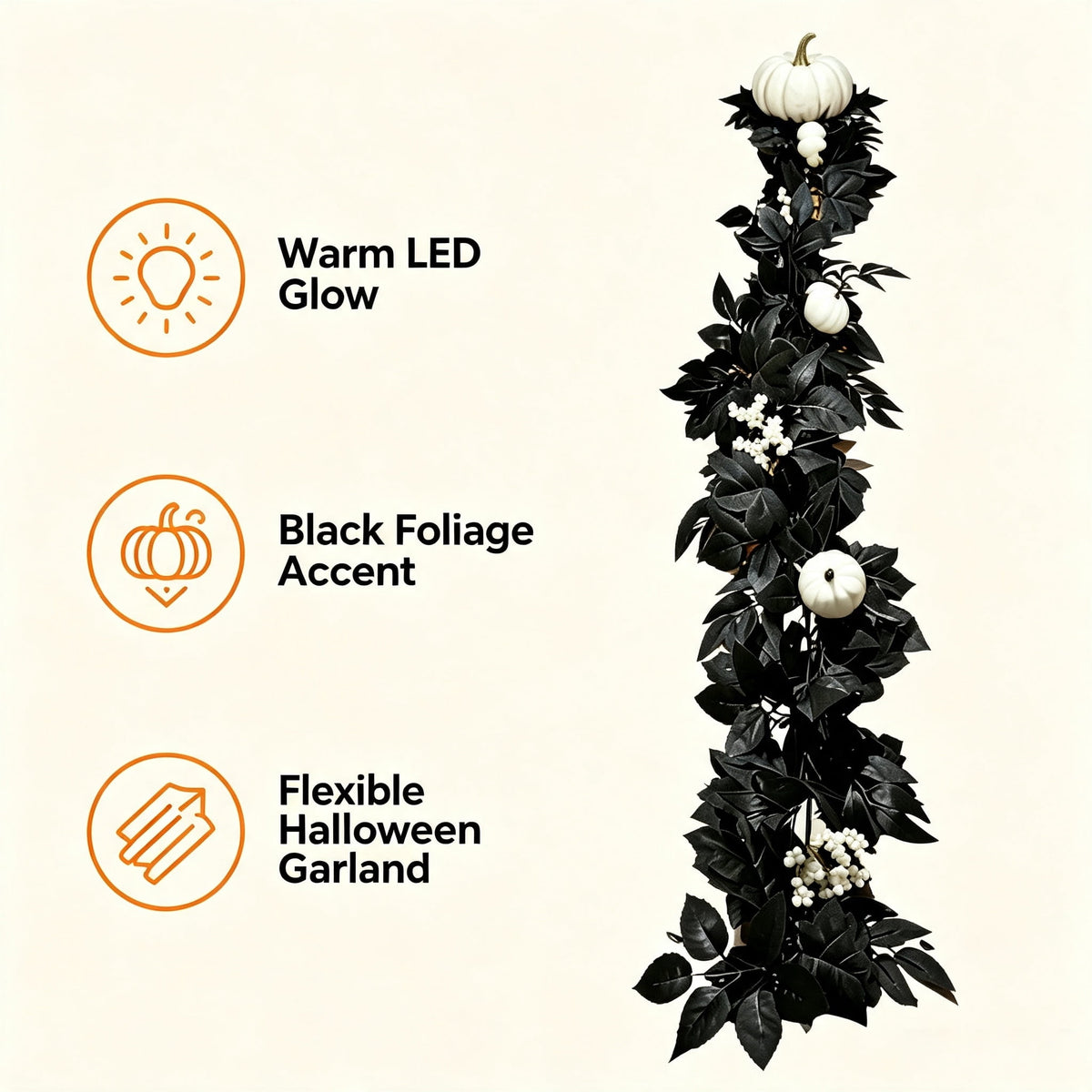 Halloween Black Garland with LED Lights 70.87 Inch Gothic Foliage for Mantel Stair Halloween Party Home Indoor Decor