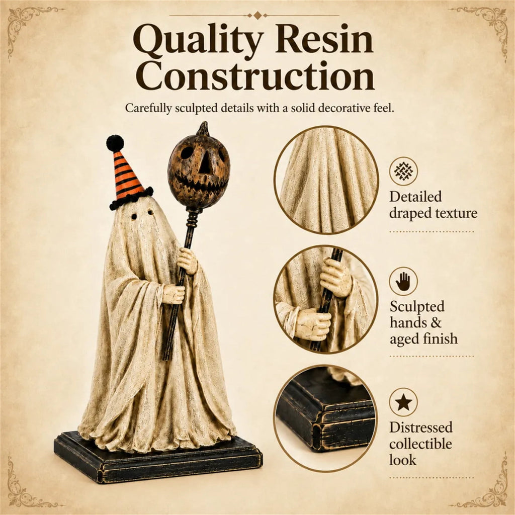 Win s Way Lighted Vintage Patchwork Ghost Decor Glowing Ghost Figurine with Pumpkin Lantern Farmhouse Style Light Up Statue for Mantel Shelf Entryway Table Fall Decorations
