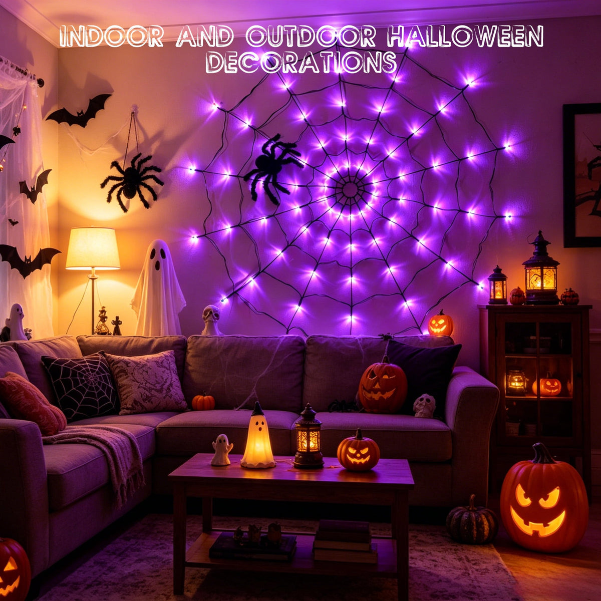 VOLIVO Halloween Spider Web Lights, 4FT Diameter 8 Modes Net Lights with Black Spider, Remote Control Waterproof for Indoor Outdoor (Purple)