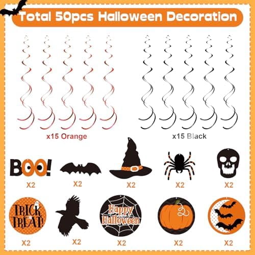 50 Piece Halloween Ceiling Decorations Hanging Swirls Witch Bat Boo Pumpkin and Spider