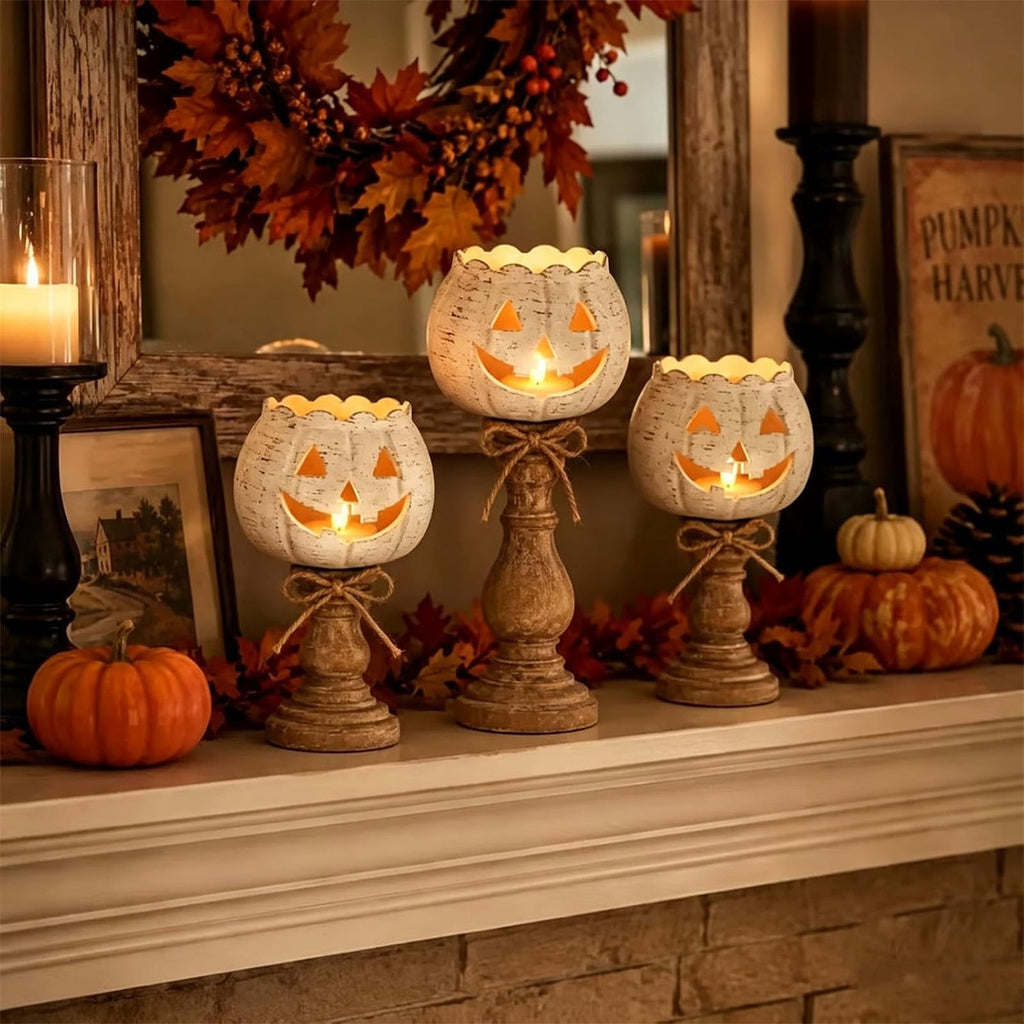 Halloween Lamp Indoor Tabletop Decorations, LED Lighted Wooden Pumpkin with Vintage Pedestal Stand and Rope Bow, 8.7 Inch Rustic Halloween Decor for Home Mantel Entryway