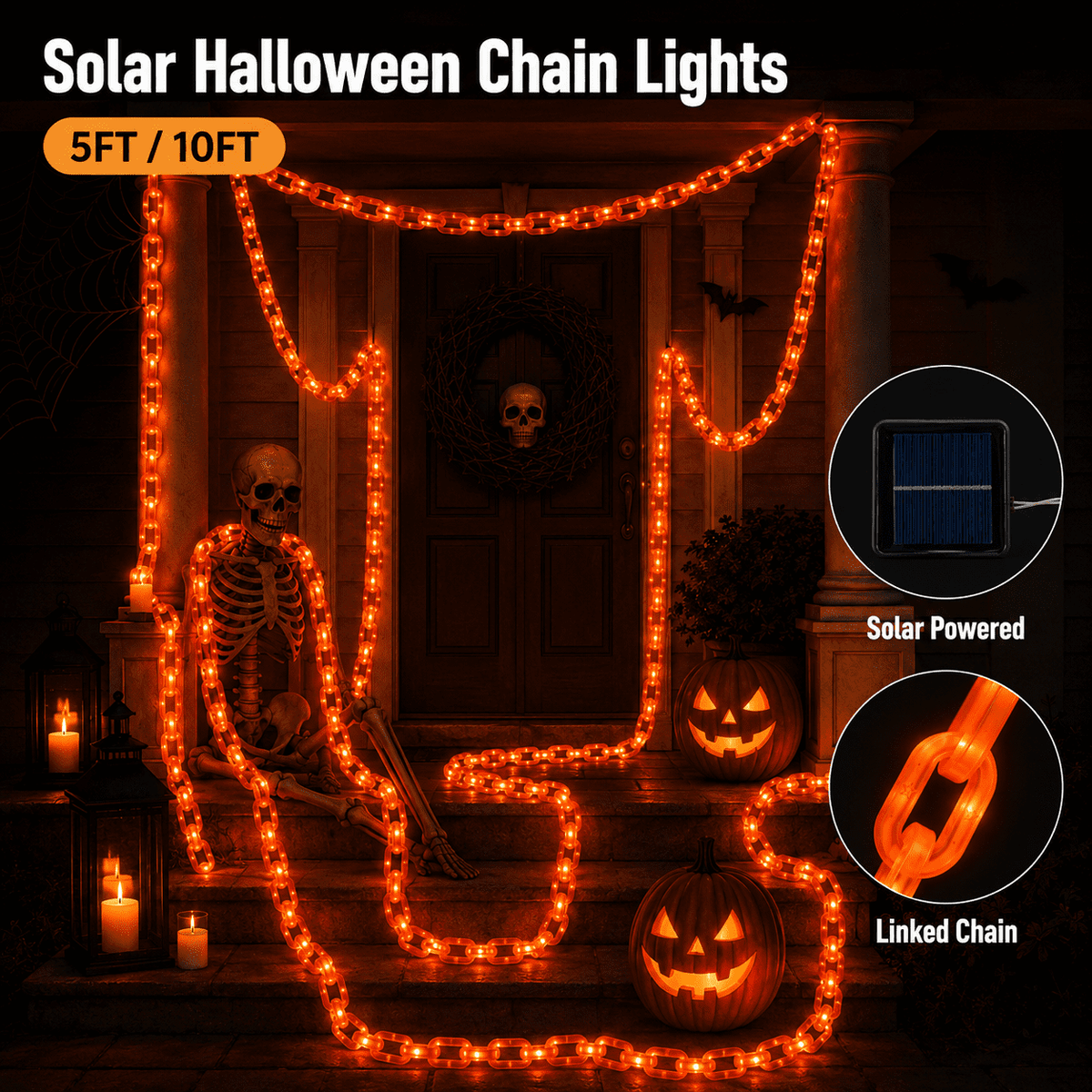 DAKIMOE Halloween Decoration Chain String Lights Orange Light Up Plastic Chain Decoration 10FT Long Glowing Link Chain for Haunted House Party Porch Yard Door Indoor Outdoor Halloween Decor