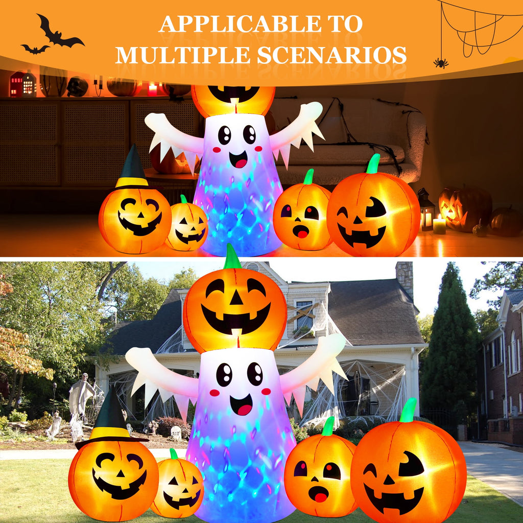 Yexmas 8FT Halloween Inflatable Decoration with Ghost, Black Cat and Pumpkins,Built-in LED Lights, Blow Up Halloween Yard Decor for Indoor/Outdoor Party,Yard, Lawn