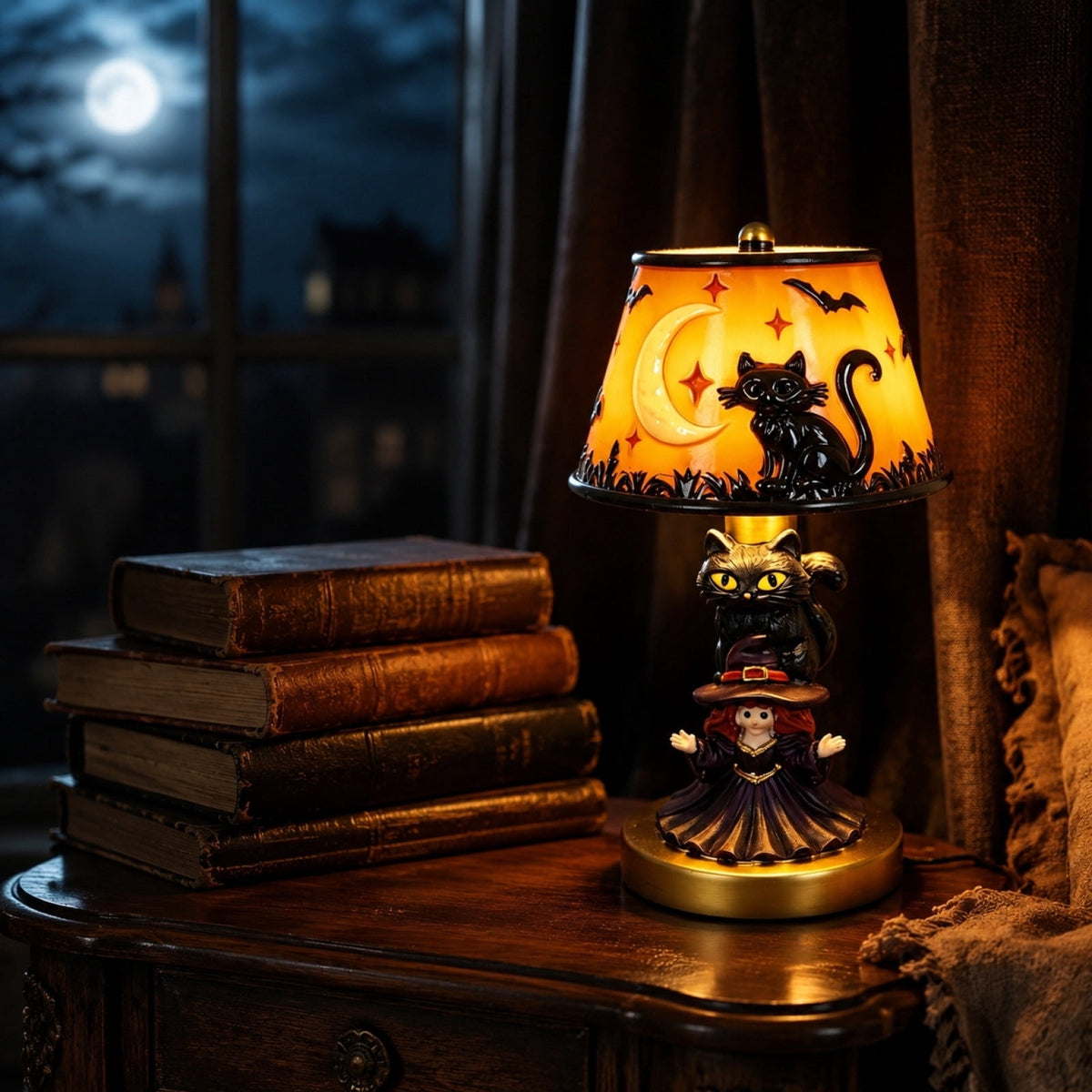 Stained Glass Witch Hat Lamp Gothic Halloween Lighting Decor, Vintage Witchy Hats Night Lights, Handcrafted Retro Resin Table Lamp for Bedroom, Living Room & Home Decor