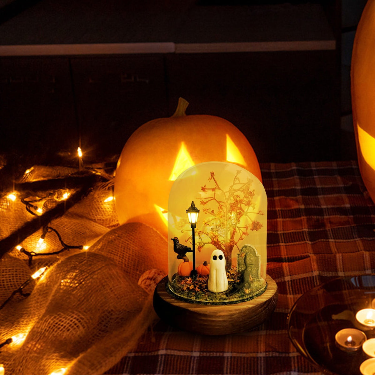 Halloween Ghost Figurine, Resin Lighted Ghost Ornament with Pumpkin Lantern & Beverage Cup, Tabletop Halloween Indoor Decor
