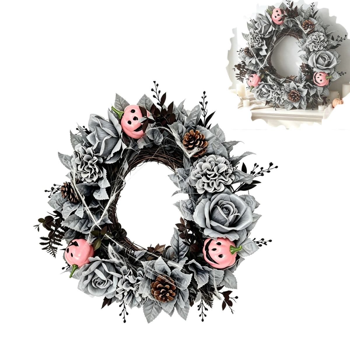 Fall Candle Ring,Artificial Maple Leaves Pumpkins Decorative Wreaths,Berry Wreath for Pillar Candle Holder,Candle Ring for Halloween Centerpieces and Farmhouse Table Decor,7.48 inch(Pink)