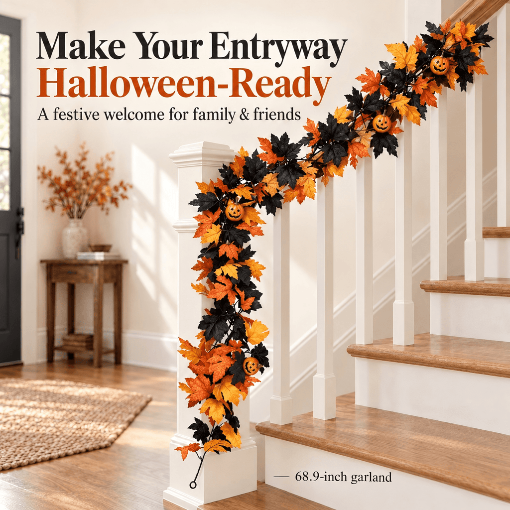 Halloween Pumpkin Garland - 68" Fall Leaf Decor for Mantle, Staircase & Porch, Outdoor/Indoor Autumn Thanksgiving Party Decoration (Multicolor)