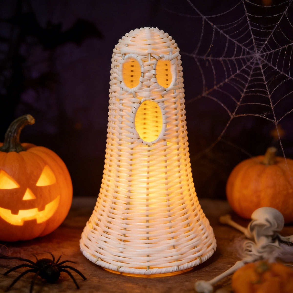 Handwoven Rattan Ghost Lantern with Witch Hat - 13.78 Inch White Wicker Ghost Decor, Light Up Halloween Decorations for Indoor Outdoor, Porch, Patio, Spooky Home Decor, Fall Harvest