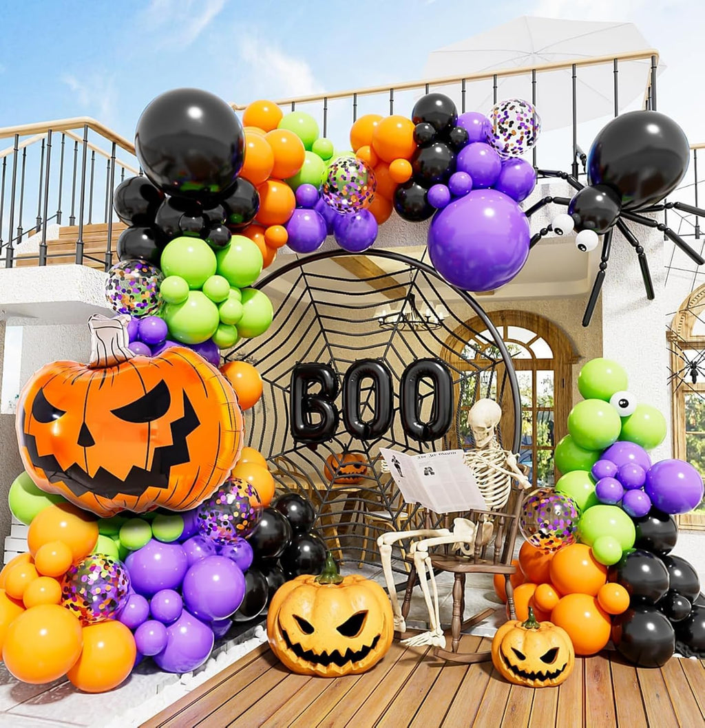 Halloween Balloons Set, 65Pcs 12Inch Black Orange Purple Green Balloons Kit, Black and Orange Latex Balloons for Birthday Wedding Halloween Party Decorations