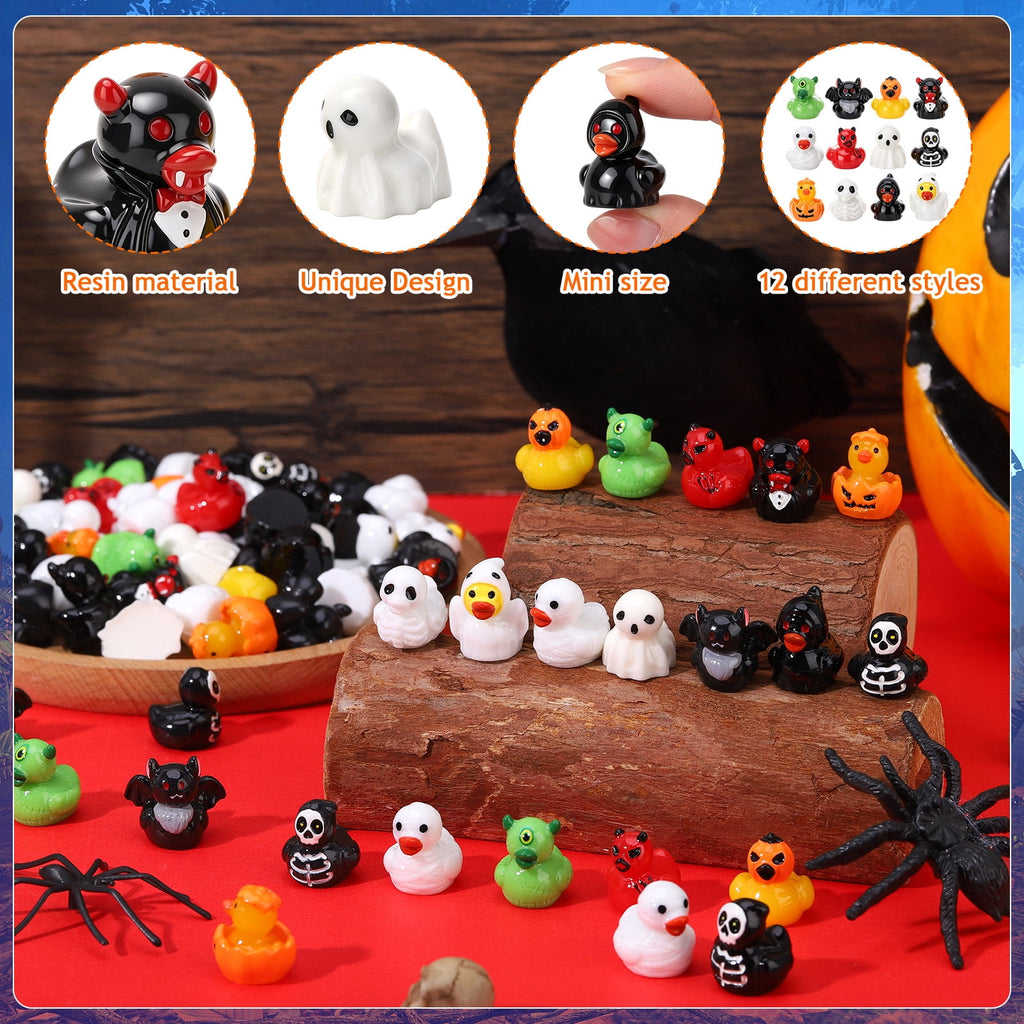 sixwipe 60 Pcs Halloween Mini Resin Ducks, 12 Styles Miniature Resin Ducks Bulk, Skeleton Pumpkin Witch Devil Ghost Tiny Duck Figures for Halloween Party Gift, DIY Craft