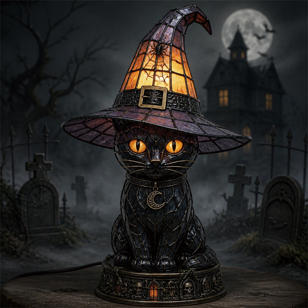 Black Cat Witch Hat Lamp Halloween Decor, Retro Resin Witch Hat Cat Lamp, Halloween pumpkin decoration Night Light, for Bedroom & Bookshelf family gatherings decoration gifts(Resin)