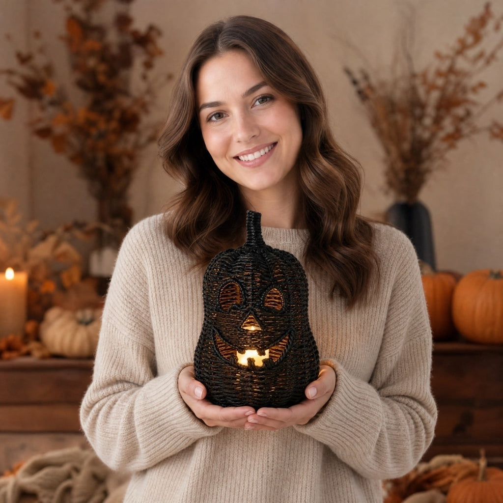 Aximioll Halloween Black Woven Jack-O-Lantern Pumpkin Decor, Hand Woven Rattan Wicker Style Statue, Trick or Treat Candy Bowl Lantern for Porch Entryway Fireplace Mantel Table, Black, 11 Inches