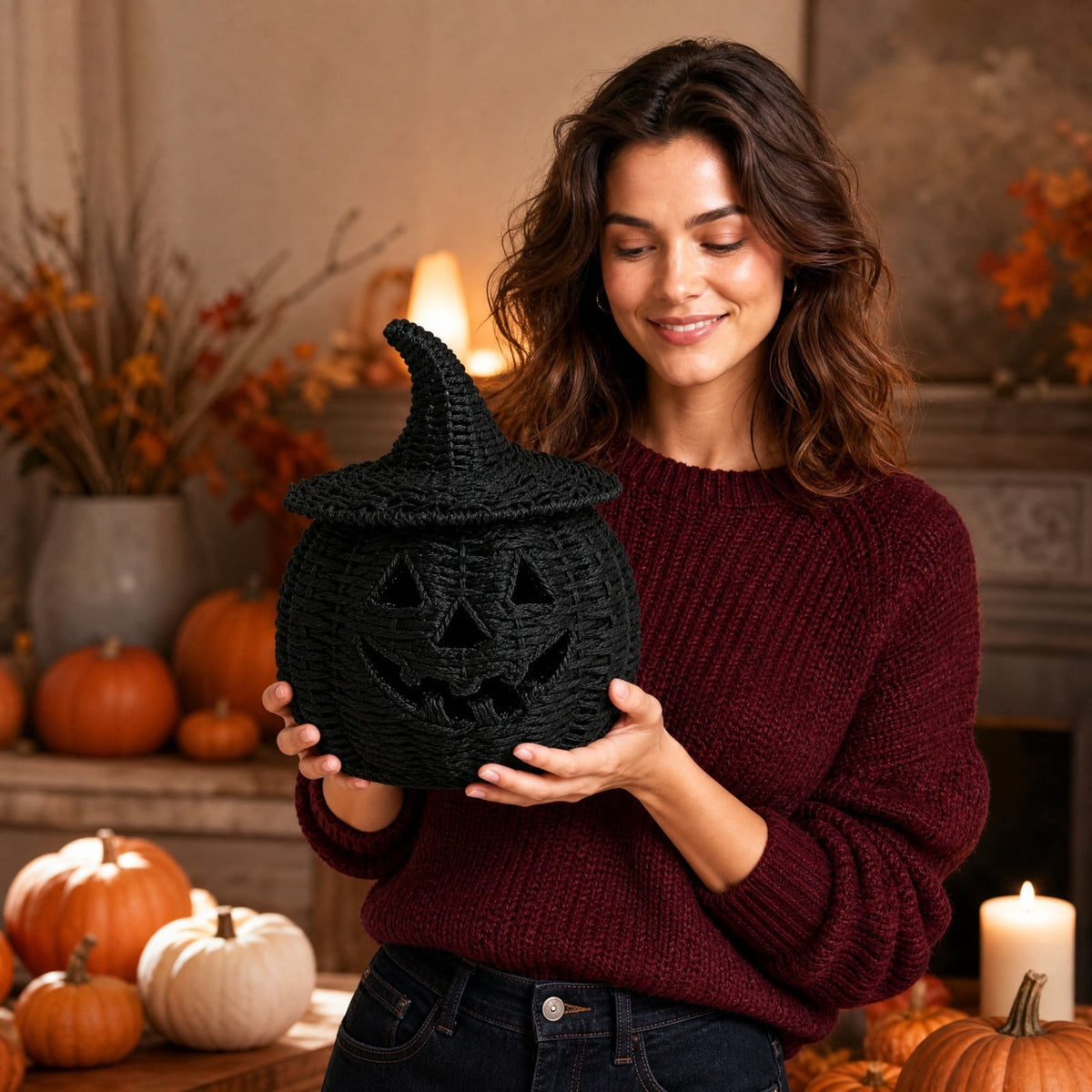 Handwoven Rattan Pumpkin Lantern with Lid, 11" Halloween Light Up Woven Pumpkin Decor, Rustic Black Wicker Pumpkin Decoration for Indoor Home Mantle Tabletop Decor(B)
