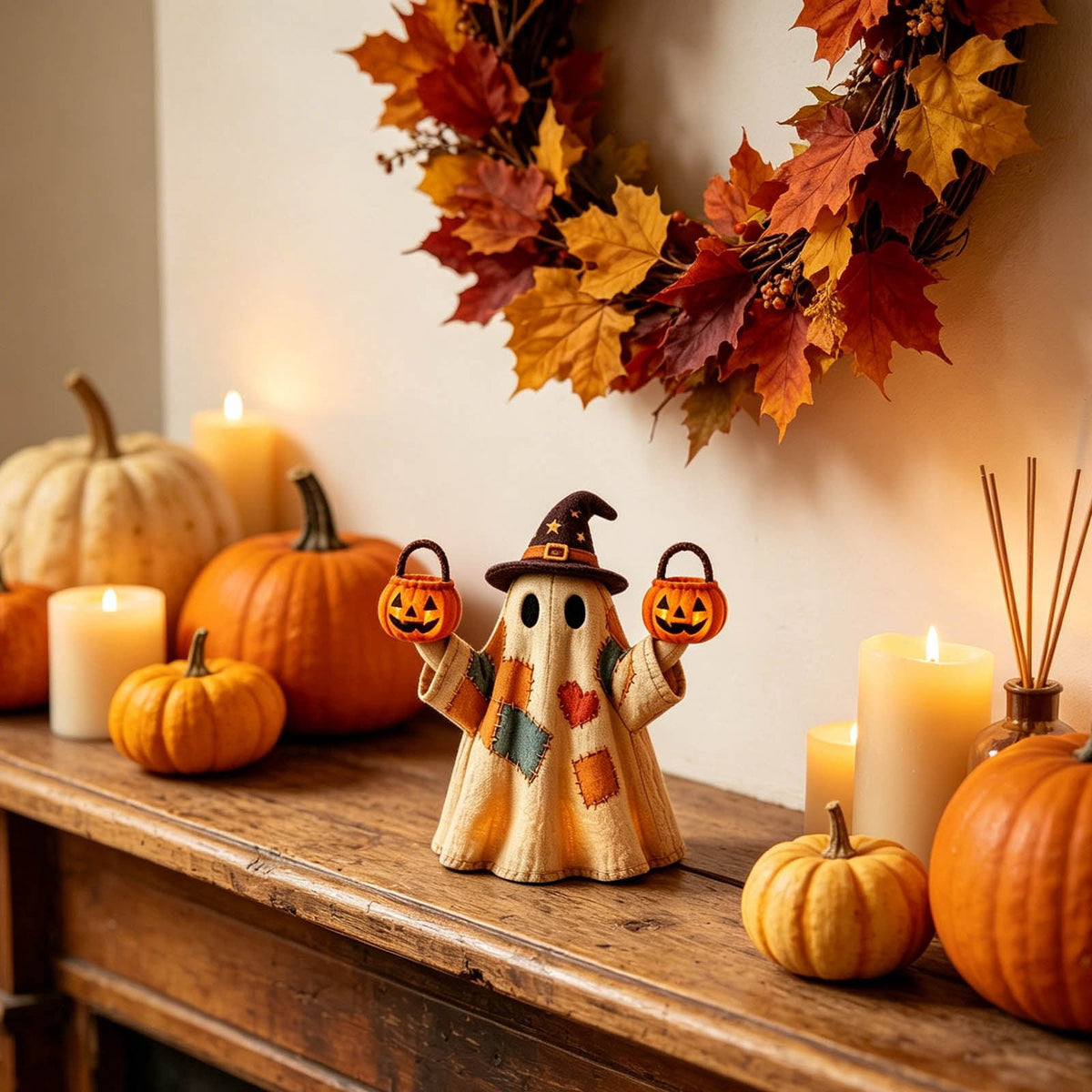 Halloween Ghost Figurine, Resin Lighted Ghost Ornament with Pumpkin Lantern & Beverage Cup, Tabletop Halloween Indoor Decor