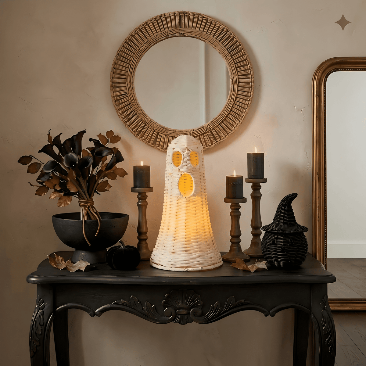 Guvpev 12" Handcrafted Woven Ghost - White Faux Rattan & Metal Ghost Figurine, Halloween Spooky Table Centerpiece & Fall Porch Decor for Indoor Outdoor