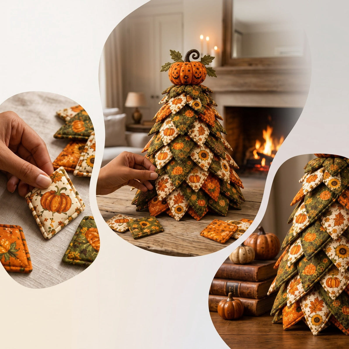 Lypsnake DIY Halloween Quilted Fabric Tree Kit, Vintage Pumpkin Sunflower Patchwork, 3D Padded Sewing Craft Project for Autumn Harvest Decor