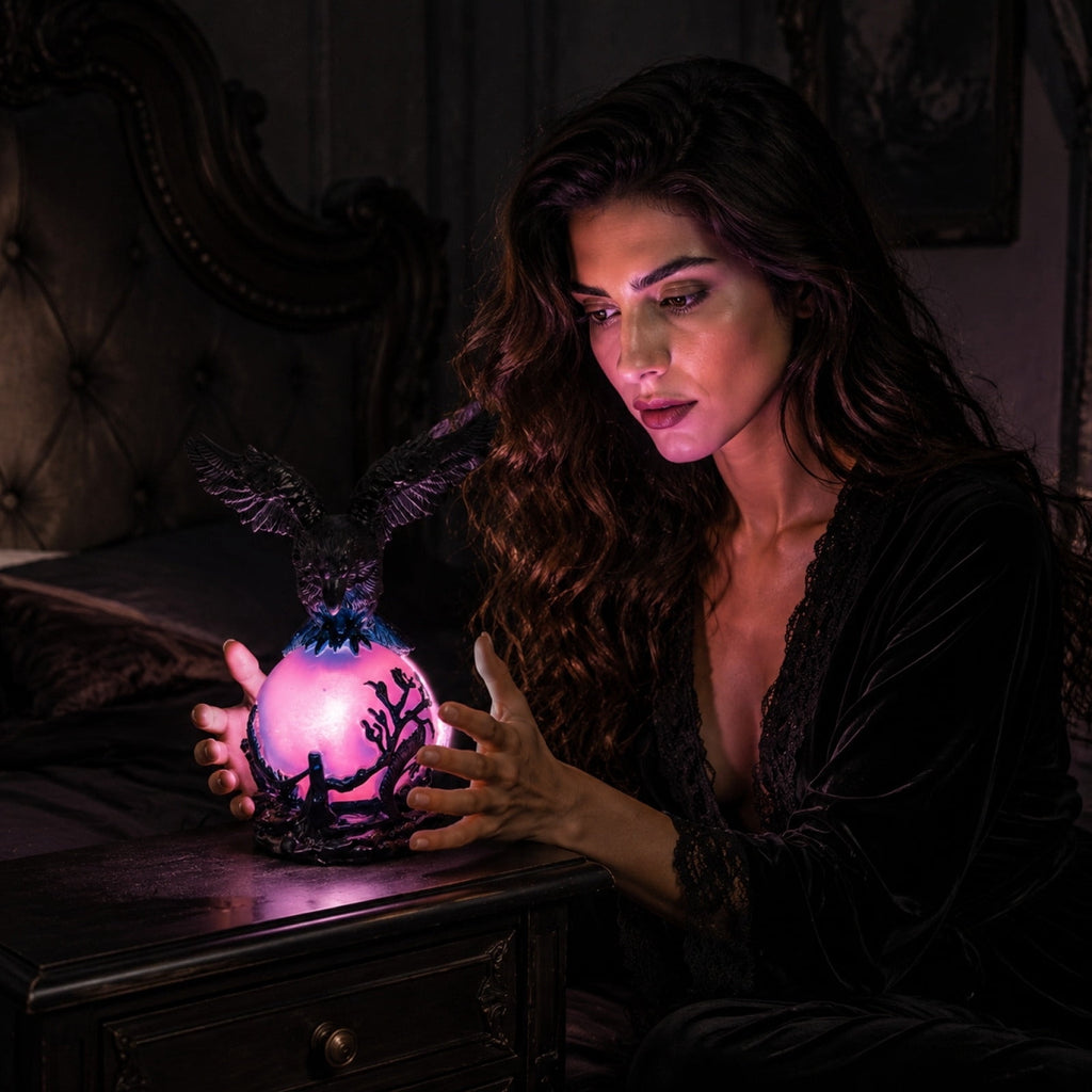 Gothic Mysterious Raven Lamp Light Sculpture, Resin Halloween Moonlight Luminous Crow Bird Led for Home Decor Gift, Bedroom Bedside, Living Room