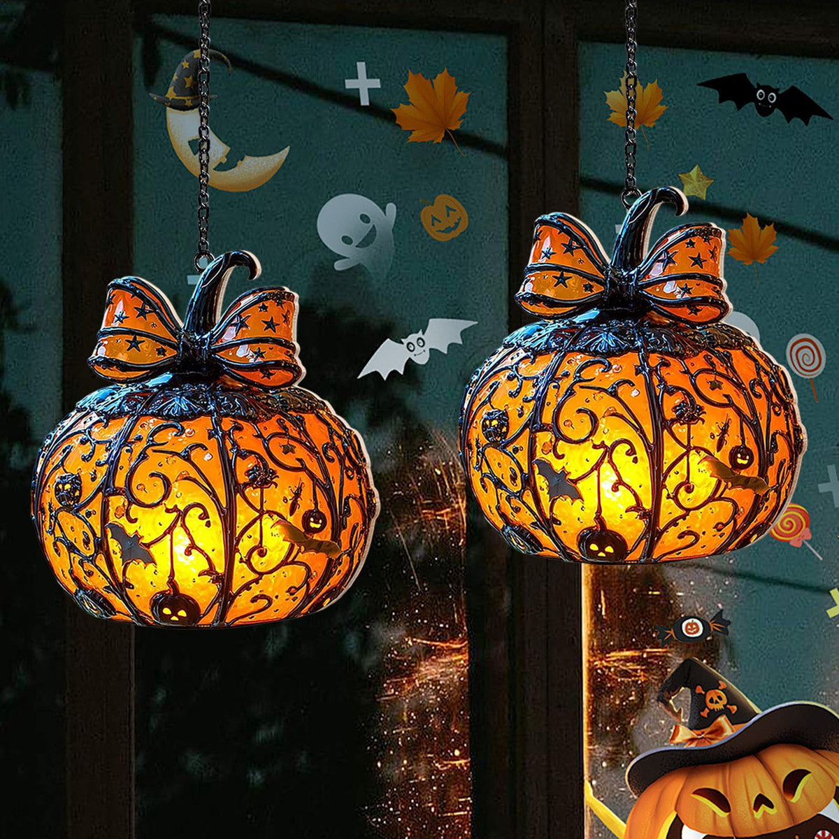 AZXY Stained Glass Hanging Pumpkin Ornament, Halloween Decor, Halloween Pumpkins, Halloween Decorations, Halloween Party Decor,Bat Star Pumpkin Hanging Decor for Indoor Window Tabletop