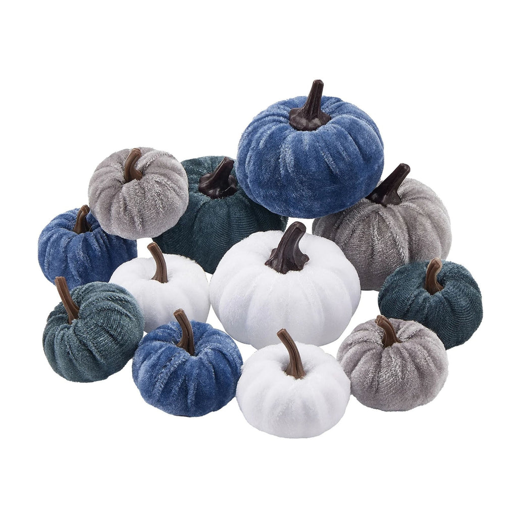 Bazyrey Velvet Pumpkins Fake Mini Pumpkin,Halloween Decor 12pcs Artificial Fake Velvet Pumpkins Decoration for Fall(Blue+White),Happy Halloween Thanks Giving Day Autumn Decorations