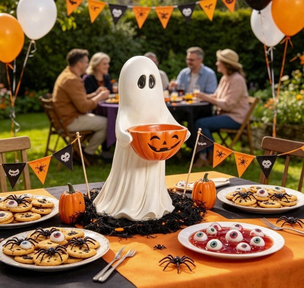 Halloween Safe Ghost Candy Bowl 14 Inch Pumpkin Treat Holder for Candy Cookies Snacks Trick or Treat Table Decor(White)