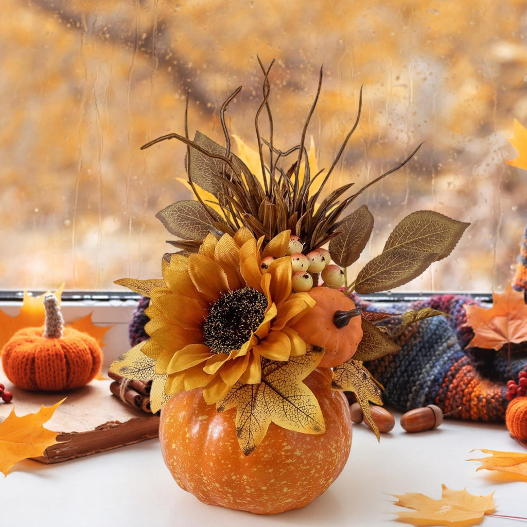 Pumpkin Decor with Artificial Flower Sunflowers Fall Decorations for Home Tabletop Kitchen Party Thanksgiving Harvest