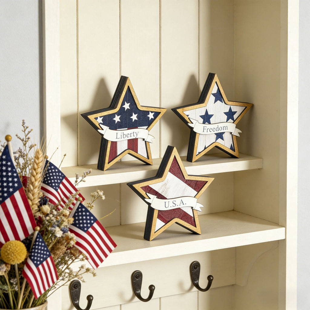 Japceit 3Pcs 4Th Of July Decorations Wooden Stars,Red White Blue Patriotic Decor, Independence Day Ornaments Set,For Home Office Table Shelf