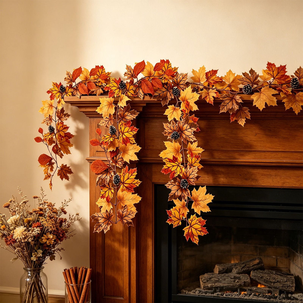 Fall Maple Leaf Front Door Wreath, Multicolor Plastic Seasonal Wreath for Halloween Thanksgiving Christmas Indoor Wall Fireplace Home Decor, 9.84 Inch