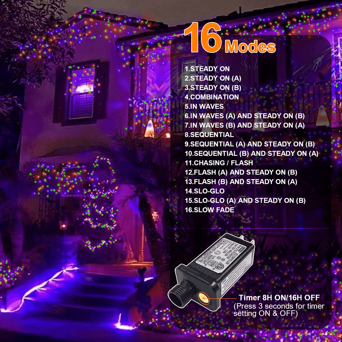LAMPHOME Orange Purple Green Halloween String Lights Outdoor, 32.5FT 100 LED Waterproof Christmas Lights with 16 Lighting Modes for Halloween Garden Party Christmas Xmas Tree Lights Decor
