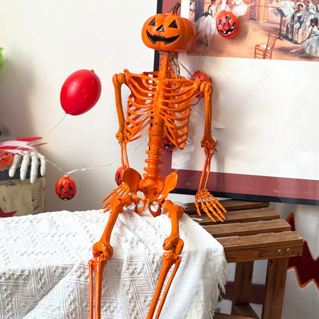 Halloween Pumpkin Skeleton Decoration, 5ft Poseable Orange Skeleton with Jack-O’-Lantern Head for Indoor Outdoor Party Display