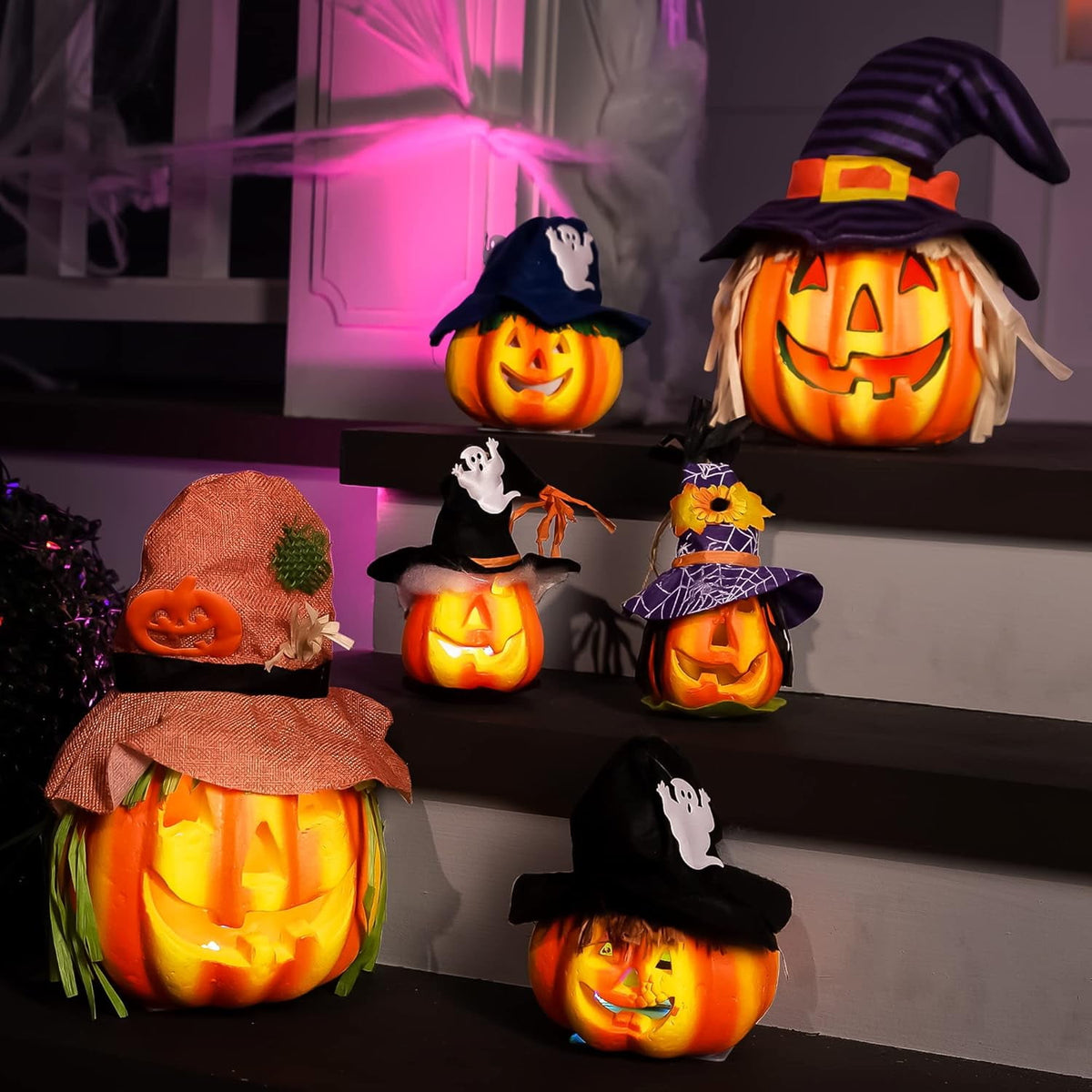 Joyfy 5 Pcs Light Up Halloween Pumpkin Decor Jack O Lantern Decorations Outdoor Indoor, Plastic Large Trick Or Treat Table Top Party Supplies Favors