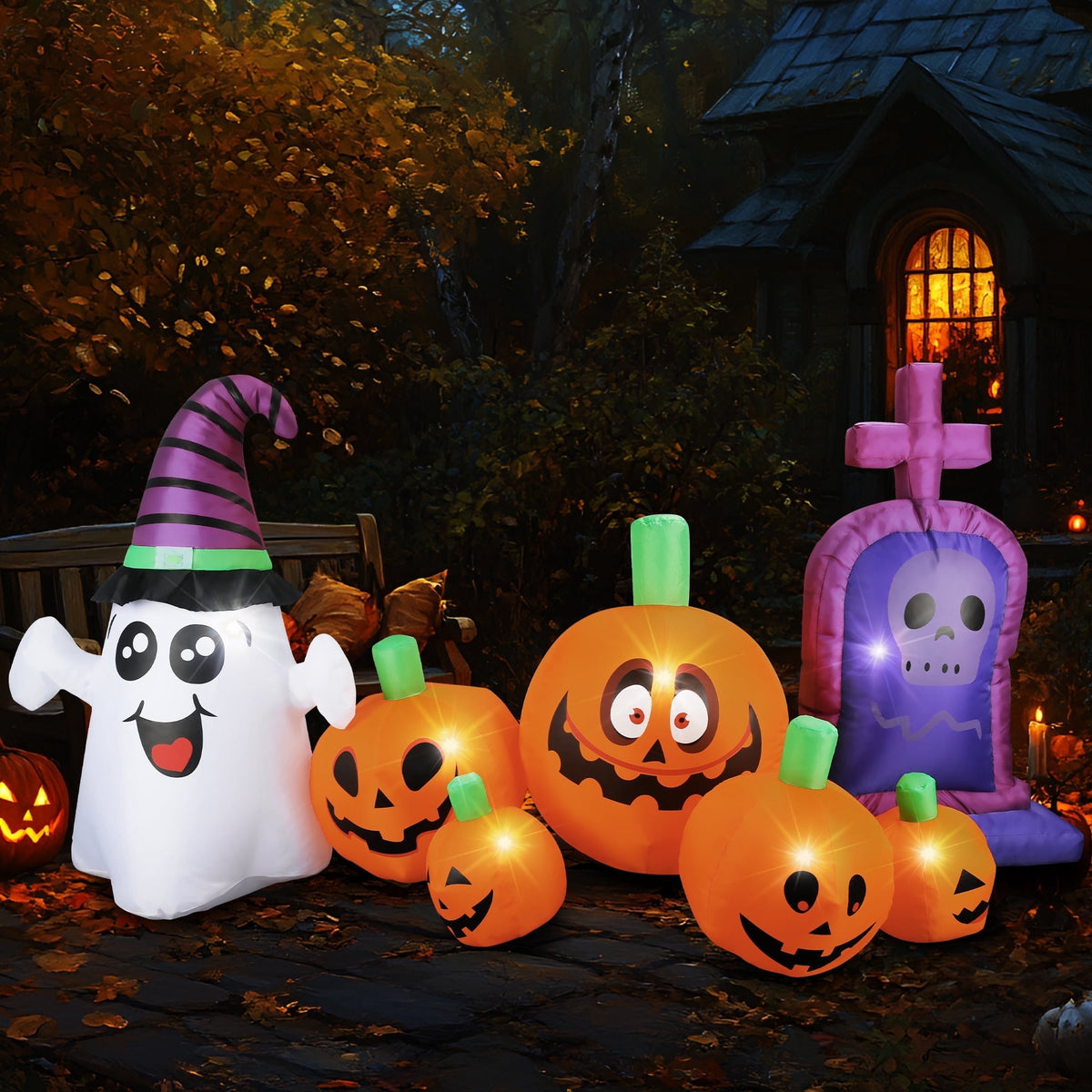 MAGOTAN 9 FT Halloween Inflatables Archway Outdoor Decorations Pumpkin Ghost Archway Halloween Inflatable Blow Up Pumpkin Tombstone Decoration Build-in LED Lights