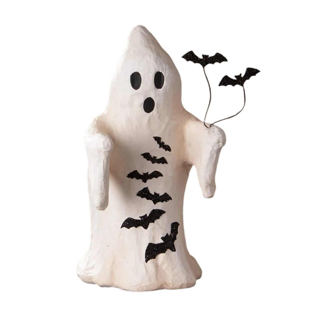 Halloween Ghost Figurine, Resin Lighted Ghost Ornament with Pumpkin Lantern & Beverage Cup, Tabletop Halloween Indoor Decor